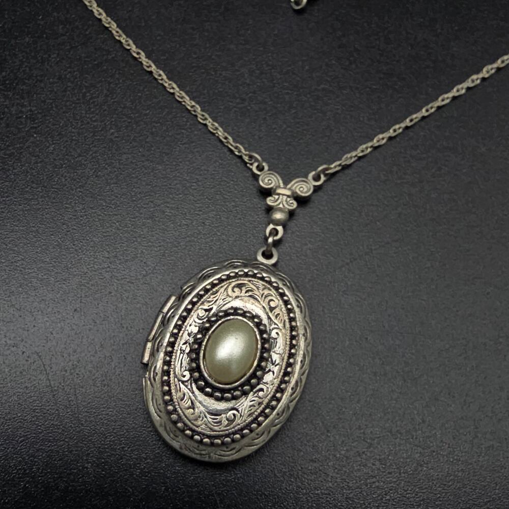 1928 Brand Silver Tone Faux Pearl Locket Necklace Costume Jewelry